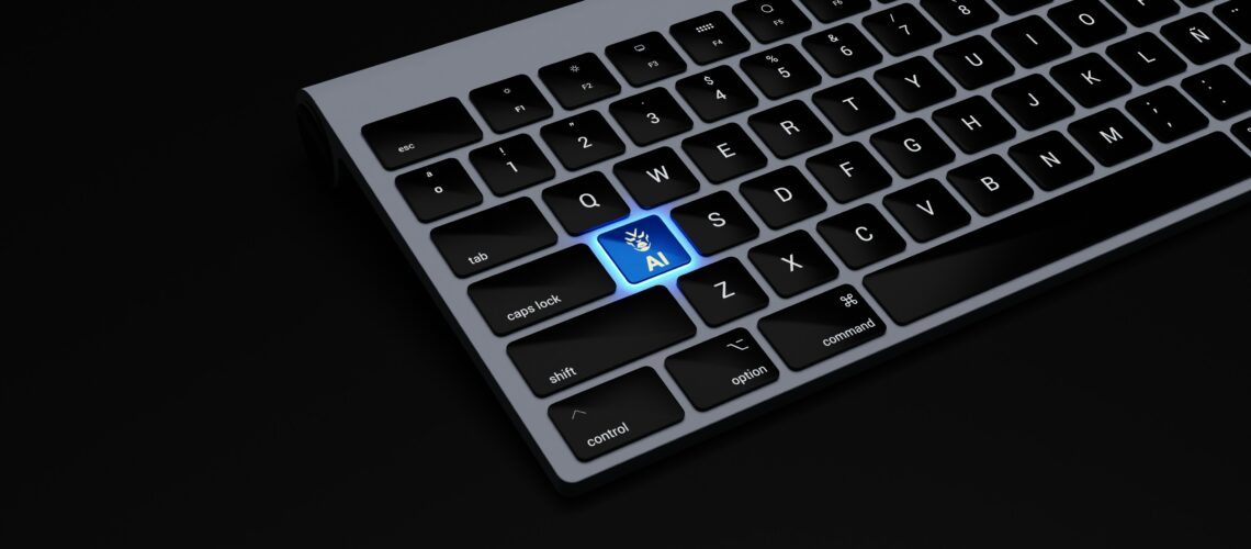 Close-up of a sleek black keyboard with a glowing blue AI key, symbolizing artificial intelligence technology in a modern, minimalistic design.